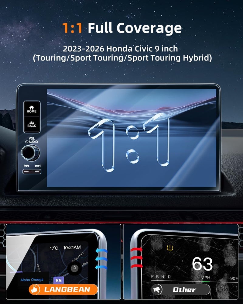 LANGBEAN Screen Protector for 2023-2025 2026 Honda Civic / CRV (LX/EX/EX-L/Sport/Sport Hybrid), 9 inch Infotainment Touchscreen,11th Gen, 9H Tempered Glass 2025 2026 Honda Civic Accessories HD/Anti-Fingerprint - Image 2